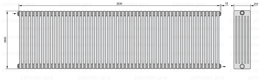 Схема (чертеж) Радиатор Zehnder Charleston 6280/55 №1670 Белый глянцевый RAL 9016